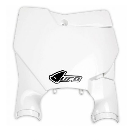 UFO, přední číslová tabulka, KTM SX/SXF '16-'20 (s vyjímkou SX 250 '16) bílá barva (s kryty přední vidlice)