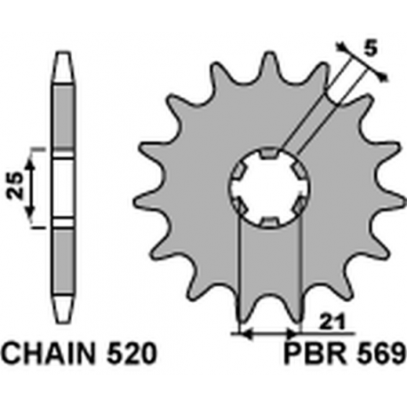 PBR, přední řetězové kolečko, 569 14 Kawasaki KX 250 '87-'98, Yamaha YZ 250 '77-'98 (JTF569.14) (řetěz 520) (56914JT)