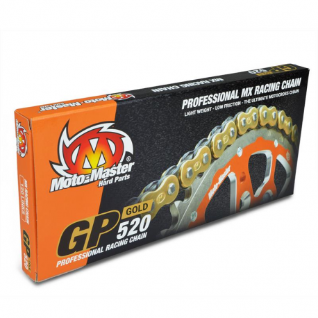 Moto-Master, řetěz GP-520G MX PROFESSIONAL motocross RACING CHAIN bez o-kroužků zlatá barva (120 článků, spojka řetězu v sadě)