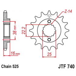 JT, přední řetězové kolečko, 2050 15, s gumovou výplní, Ducati 796/916/944/996 (JTF740.15RB) (řetěz 525)
