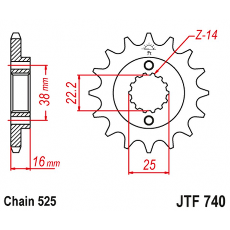 JT, přední řetězové kolečko, 2050 15, s gumovou výplní, Ducati 796/916/944/996 (JTF740.15RB) (řetěz 525)