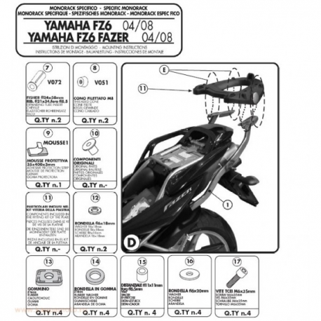 Kappa, nosič centrálního kufru, Yamaha FZ6 / FZS 600 FAZER (04-06), FZ6 S2 / FZ6 600 FAZER S2 (07-11) (bez plotny)