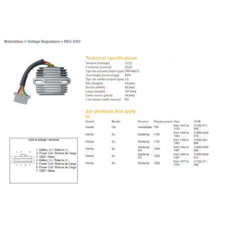 DZE, regulator napětí, Honda GL1100 80-83, GL1200 84-87 (ESR290)