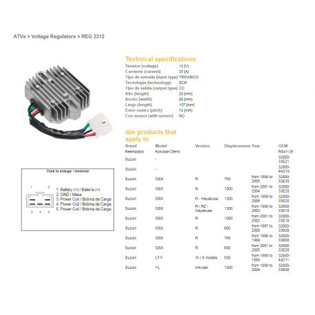 DZE, regulator napětí, Suzuki GSXR 600 '97-'05, GSXR 750 '96-'05, VL 1500 98-04, GSXR1000/1300 (ESR550) (32800-33E20)