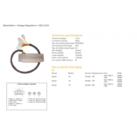 DZE, regulator napětí, Suzuki VS 700 85-87, VS 750 88-91, VS 800 92-97 INTRUDER (32800-38A00) (ESR752)