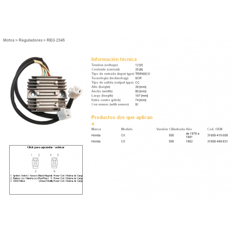 DZE, regulator napětí, Honda CX500 78-82, CX500 TURBO (31600-415-008, 31600-449-831) (ESR160)