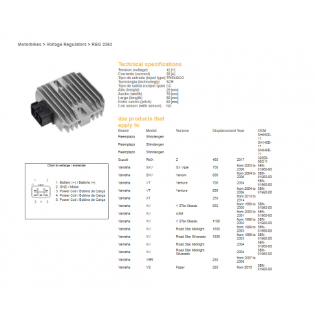 DZE, regulator napětí, Yamaha XVS 650 '98-'00, XV1600 '99-'04, XVS1100 '99-'02 (OEM-5BN-81960-00) (RGU-210) (35A)