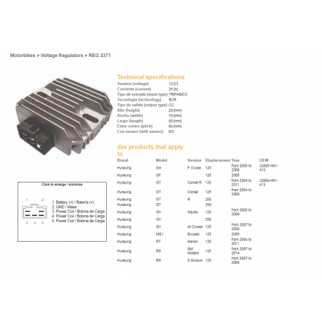 DZE, regulator napětí, Hyosung GA/GF/GT/GV/RX 125 '04-'11 (32800-H01-413) (12V/25A)