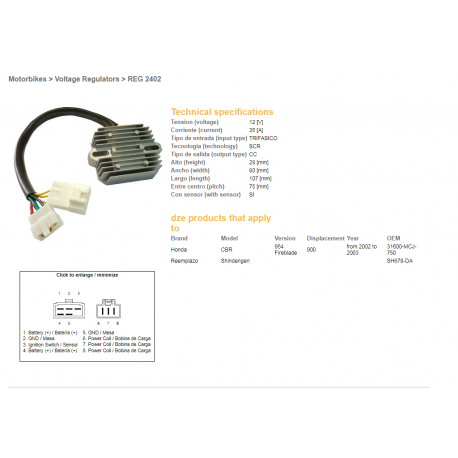 DZE, regulator napětí, Honda CBR900RR 02-03 (CBR954), VTX1800 02-08 (ESR690) (31600-MCJ-750) (SH678DA) (35A)
