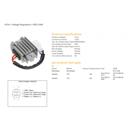 DZE, regulator napětí, Yamaha YFZ450 04-09, 12-13 (SH712AB) (5TG-81960-00-00) (1PD-81960-00-00) (12A)