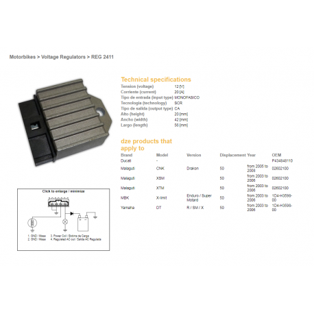 DZE, regulator napětí, KTM, Yamaha DT 50 R/SM/X '03-'06, MBK 50, MALAGUTI XSM 50 (1D4-H3598-00)