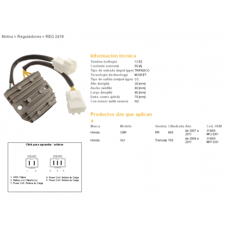 DZE, regulator napětí, Honda CBR600RR '07-'12, XL700V TRANSALP '08-'11, MOSFET (50A) (31600-MFJ-D01)