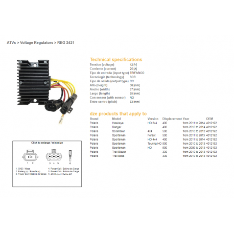 DZE, regulator napětí, Polaris SPORTSMAN 400/500 '09-'14, RANGER 400 '10-'14, SCRAMBLER 500 '10-'12 (4012192)