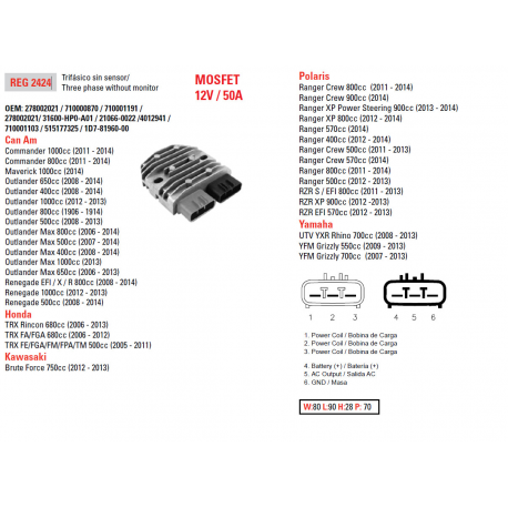DZE, regulator napětí, CAN-AM 400/500/650/800/1000, Honda TRX500/650/680, Kawasaki KVF750 12-13, Polaris 400/500/550/570/800/900