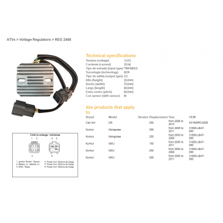 DZE, regulator napětí, Kymco MXU 150/250/300 '04-'11, CAN AM DS 250 '06-'15 12V 35A (31600-LBA7-900) (ESR344)
