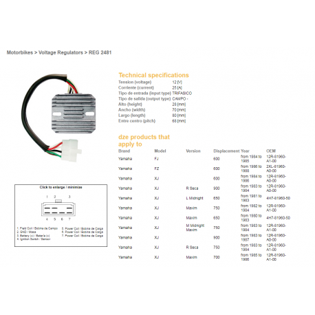 DZE, regulator napětí, Yamaha XJ 550/600/650/750/900 '80-'89 (12R-81960-A1-00, 4H7-81960-50, 3G1-81960-A0-00) (ESR320)