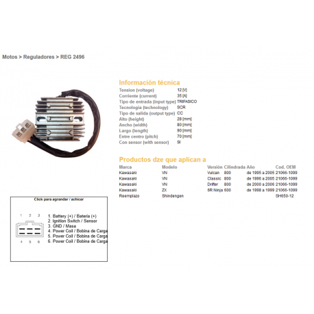 DZE, regulator napětí, Kawasaki VN800 95-05, CLASSIC 96-05, DRIFTER 00-06, ZX6R 98-99 (35A) (ESR263) (OEM:21066-1099) (SH650-12)