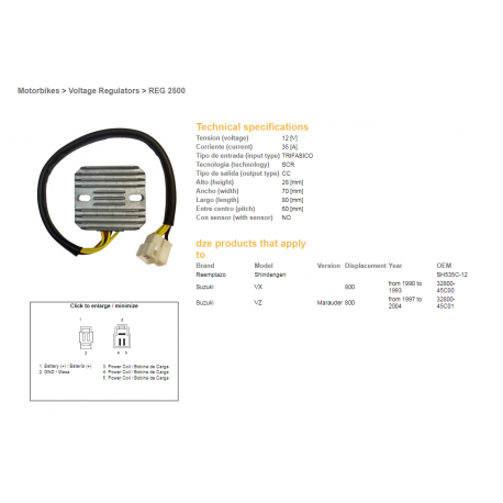 DZE, regulator napětí, Suzuki VZ800 '97-04, VX800 '90-93 (SH535C-12) (32800-45C00, 32800-45C01) (ESR560)