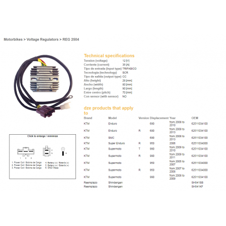 DZE, regulator napětí, KTM 690 ENDURO/SMC '08-'13, 950 SM/R '05-'07, 990 SM/SMT '08-'11 (OEM-62511034000) (SH541SB, SH541KF)