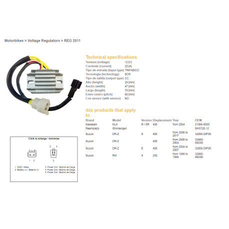 DZE, regulator napětí, Suzuki DRZ 400/E/S '00-'17 (32800-29F00, 32800-08D00) (SH572E-12) (ESR105)