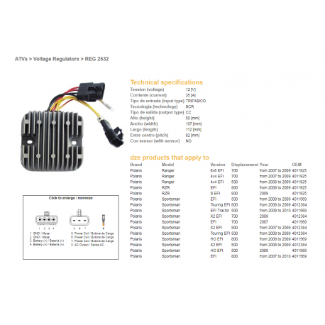 DZE, regulator napětí, Polaris SPORTSMAN EFI 500/700/800, RANGER EFI 500/700/800 (12V/35A) (4012384, 4011569, 4011925) (ESR826)