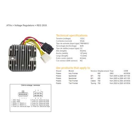 DZE, regulator napětí, Polaris SPORTSMAN EFI 700/800 '05-'06 (12V/35A) (4011100, 4010538) (ESR819)