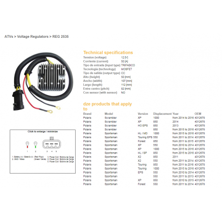 DZE, regulator napětí, Polaris SPORTSMAN 550 '10-'14, 850 '10-'16, 1000 '15-'16, SCRAMBLER 550/850/1000 (MOSFET - 50A) (4012678)