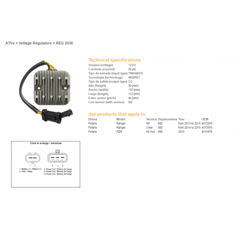 DZE, regulator napětí, Polaris RANGER 900 XP/CREW/60 '13-'15 MOSFET - 50A (4013978) (ESR829)