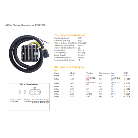 DZE, regulator napětí, Polaris ACE 325 EFI '14-'16, 570 EFI '15-'16, 900 '16, RZR 570/900 '12, RZR 1000 EFI '15, 12V 50A (MOSFET