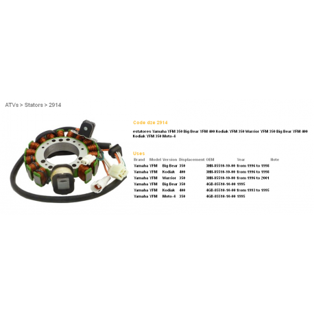 DZE, stator, Yamaha YFM350 BIG BEAR '95-98, WARRIOR '96-'01, KODIAK 400 '93-'98 (ESG434) (OEM-3HN-8510-10-00