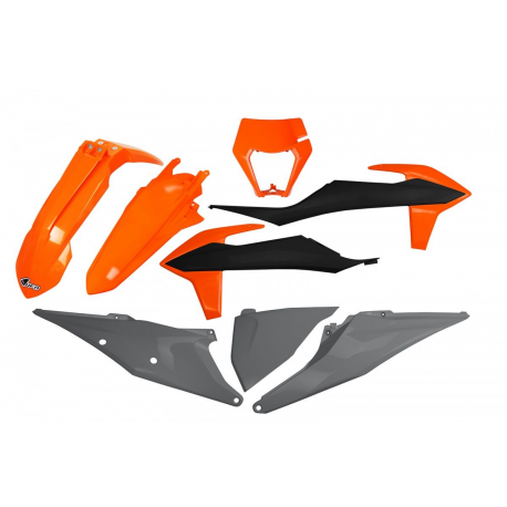 UFO, sada plastů, KTM EXC 125/150/250/300, EXC-F 250/350/450/500 '20-23, s rámečkem světla, OEM barva '21 (oranžová/černá)