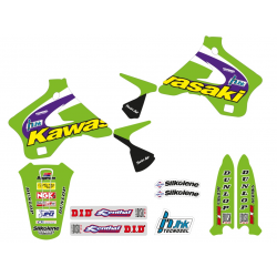 Tecnosel, kompletní sada polepů + potah sedla, Kawasaki KX 125/250 '94-'98, Replica Team Kawasaki '98