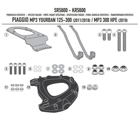 Kappa, nosič centrálního kufru, Piaggio MP3 YOURBAN 125/300, HPE 300 '11-'21 (s plotnou Monokey)