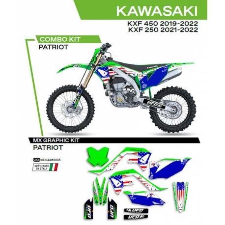 UFO, sada polepů, Kawasaki KXF 250 '21-'22 Patriot, OEM barva (zelená/modrá)