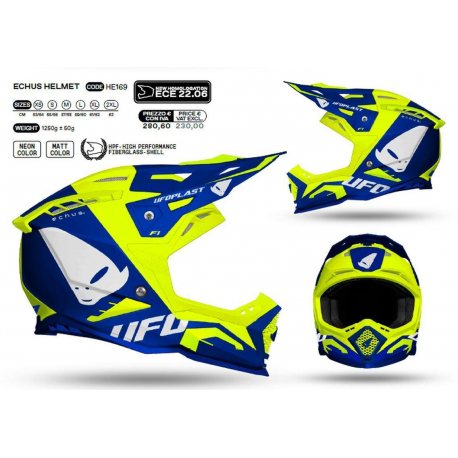 UFO (kolekce 2023), MX přilba Echus, barva modrá - žlutá fluo, velikost M