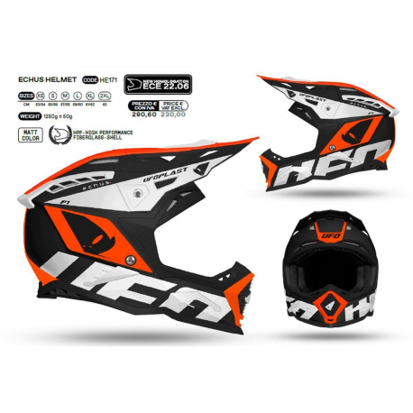 UFO (kolekce 2023), MX přilba Echus, barva černá, - bílá - oranžová FLUO, velikost XL