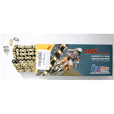 ČZ, řetěz 420 MX (120 článků) zlatý (motocross do 85 ccm) (22,0 KN) + spojka