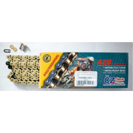 ČZ, řetěz 428 MX (130 článků) zlatý (motocross do 110 ccm) (23,0 KN) + spojka