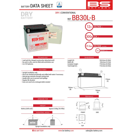 BS AKUMULATOR BB30L-B (YB30L-B) 12V 30AH 168X132X176 Z ELEKTROLITEM OSOBNO - KONWENCJONALNY (300A) HARLEY DAVIDSON