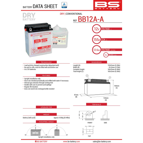 BS AKUMULATOR BB12A-A (YB12A-A) 12V 12AH 134X81X160 Z ELEKTROLITEM OSOBNO - KONWENCJONALNY (155A) (4) UE2019/1148