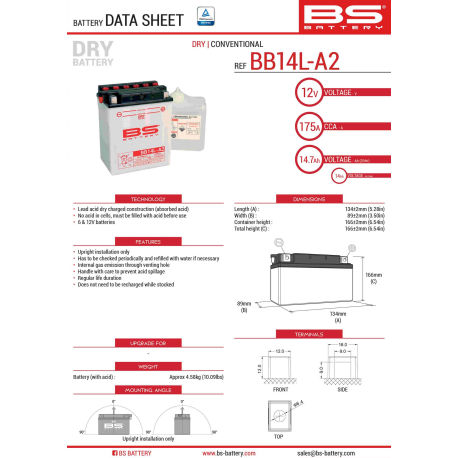 BS AKUMULATOR BB14L-A2 (YB14L-A2) 12V 14AH 135X91X167 Z ELEKTROLITEM OSOBNO - KONWENCJONALNY (175A) (4) UE2019/1148