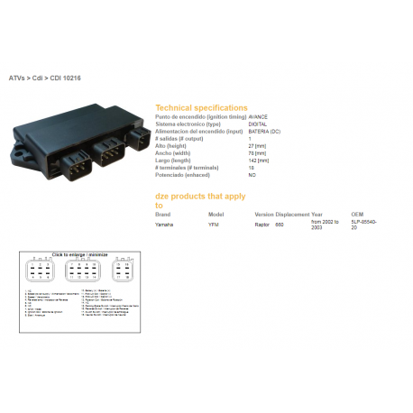 DZE, jednotka zapalování (CDI), Yamaha YFM660 RAPTOR 02-03 (OEM-5LP-85540-20)