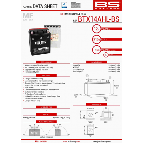BS, akumulátor BTX14AHL-BS (YTX14AHL-BS) (133X90X164) 12V 12AH, bezúdržbový - elektrolyt samostatně (210A) 4 UE2019/1148