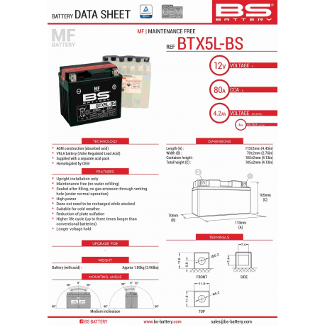 BS, akumulátor BTX5L-BS (YTX5L-BS) 12V 4AH 114X71X106, bezúdržbový - elektrolyt samostatně (70A) (8) UE2019/1148