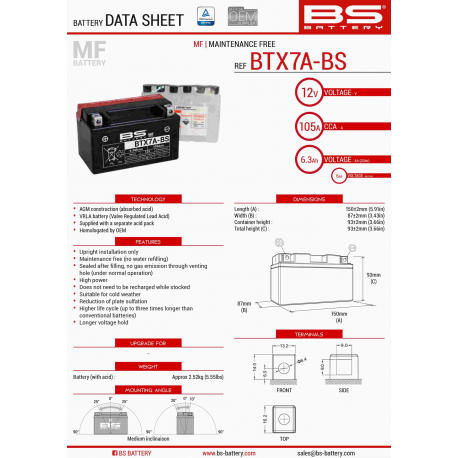 BS, akumulátor BTX7A-BS (YTX7A-BS) 12V 6AH 152X88X94, bezúdržbový - elektrolyt samostatně (90A) (6) UE2019/1148