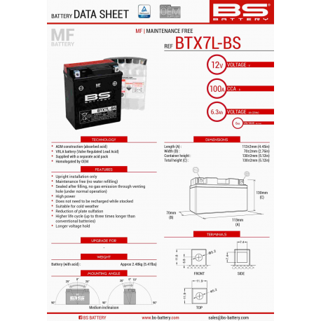 BS, akumulátor BTX7L-BS (YTX7L-BS) 12V 6AH 144X71X131, bezúdržbový - elektrolyt samostatně (85A) (6) UE2019/1148