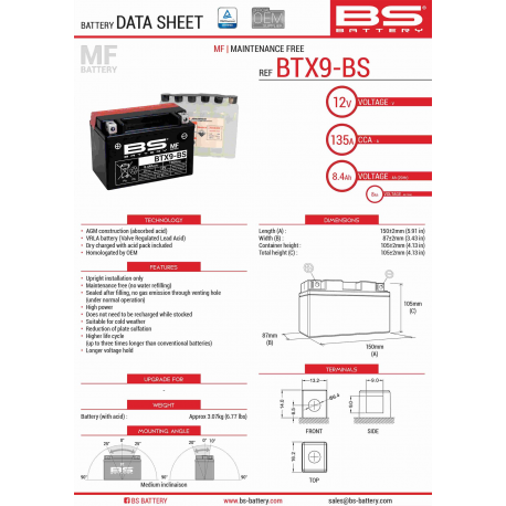 BS, akumulátor BTX9-BS (YTX9-BS) 152X88X106 12V 8AH, bezúdržbový - elektrolyt samostatně (120A) (6) UE2019/1148