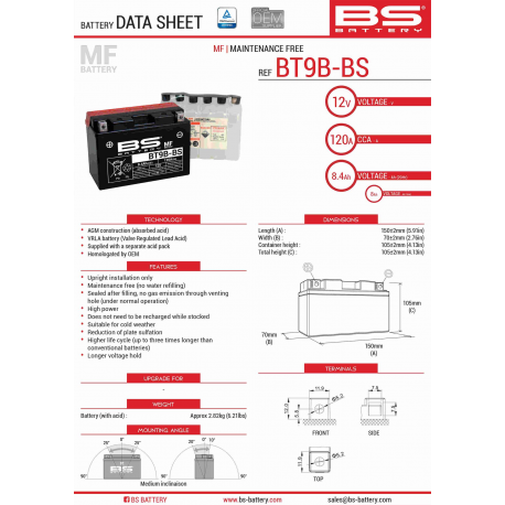 BS, akumulátor BT9B-BS (YT9B-BS) 12V 8AH 150X70X105, bezúdržbový - elektrolyt samostatně (120A) (6) UE2019/1148