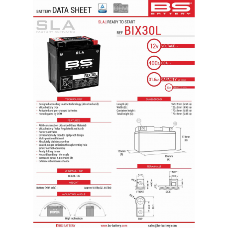 BS, akumulátor BIX30L (FA) (YTX30L) 12V 30AH 166X125X175, bezúdržbový - naplněný (385A) (2)