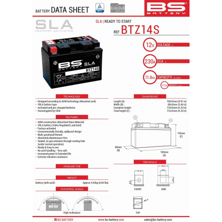BS, akumulátor BTZ14S (FA) (YTZ14S) 12V 11,2AH 150X86X110, bezúdržbový - naplněný (230A) (4)